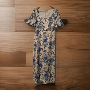 AW Bridal Floral Maxi Dress Blue Roses Slit Front Racer Back Womens Size 12 62"